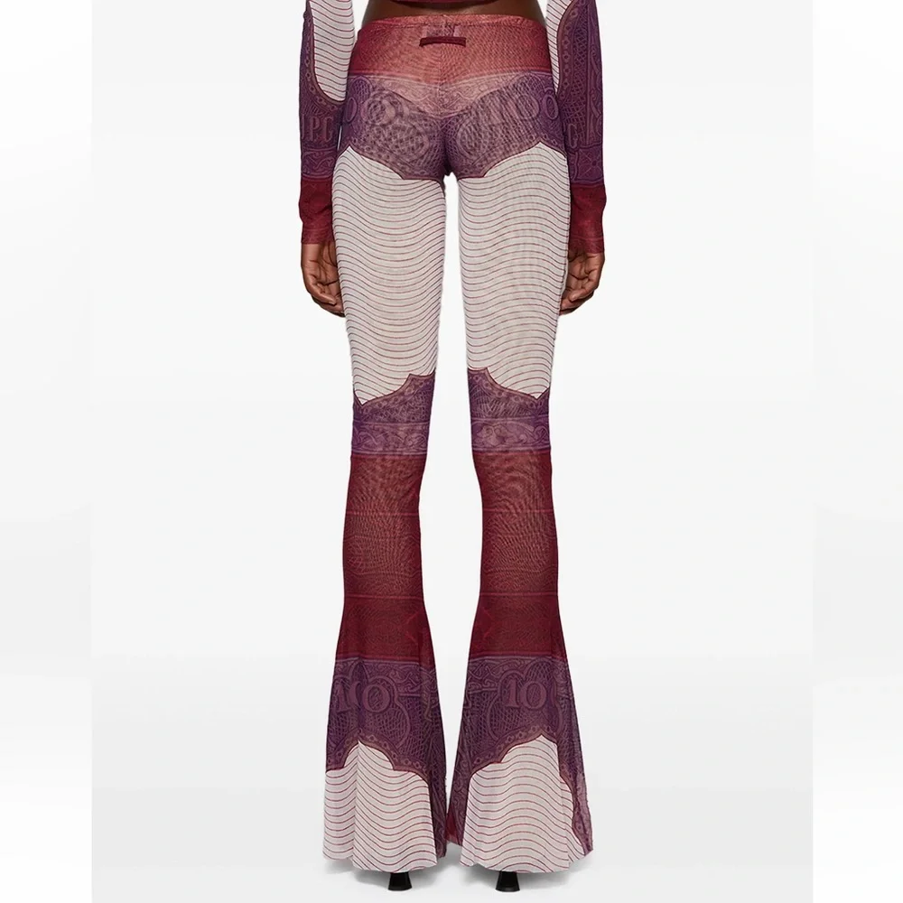 JEAN PAUL GAULTIER CARTOUCHE PRINTED MESH FLARE PANT PURPLE XS US4 $863 - Picture 5 of 6